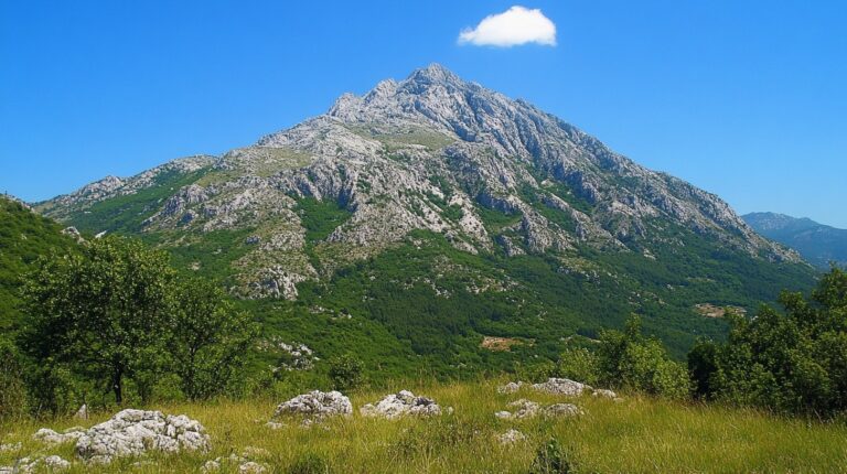 Planinski masiv Lovćen sa zelenim padinama i stjenovitim vrhovima pod plavim nebom sa jednim oblakom