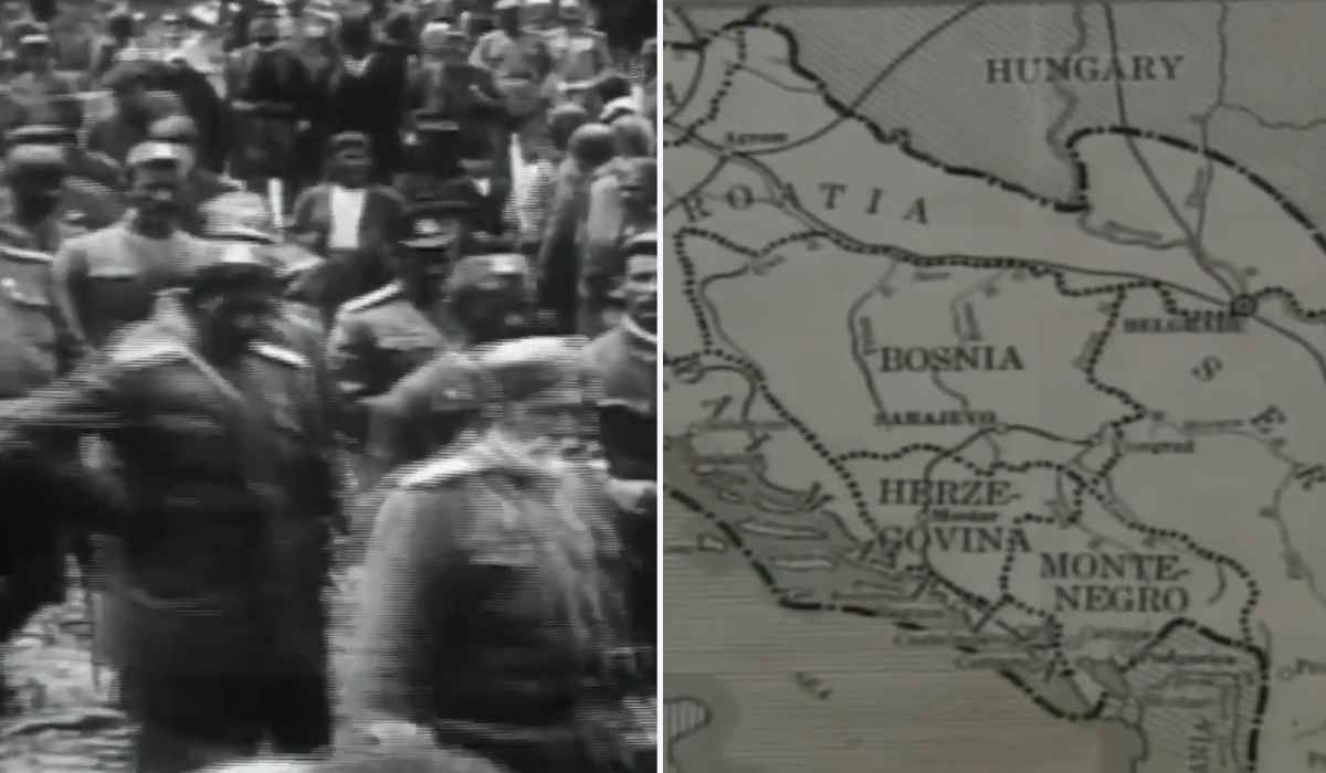 Crno-bela arhivska fotografija vojnika i istorijska mapa Balkana