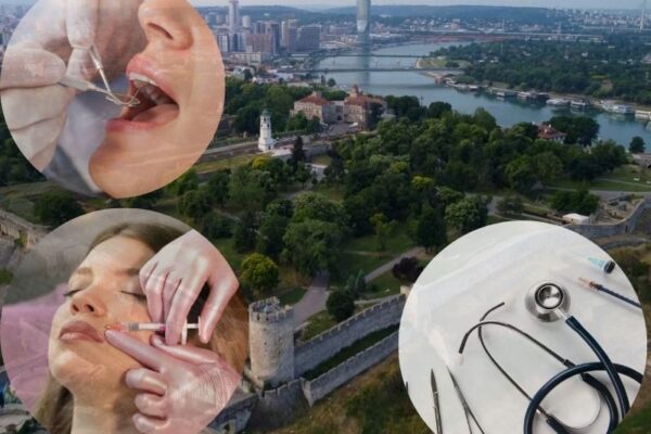 prikaz beograda iz drona sa tri okvira u kojima su medicinski i estetski zahvati, stomatologija i estetska korekcija
