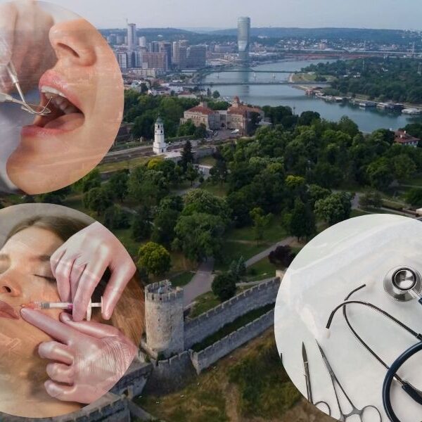 prikaz beograda iz drona sa tri okvira u kojima su medicinski i estetski zahvati, stomatologija i estetska korekcija