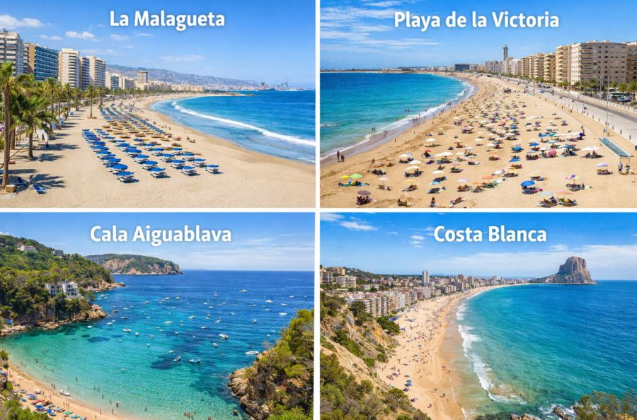 Najlepše plaže Mediteranske obale Španije su La Malagueta u Malagi, Playa de la Victoria u Kadizu, Costa Brava plaža Cala Aiguablava i Costa Blanca
