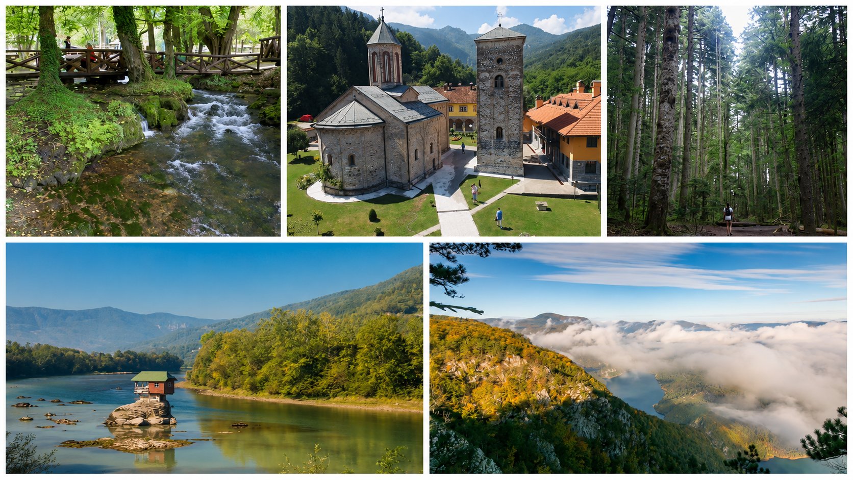 Kolaž prirodnih i kulturnih destinacija za odmor na Balkanu