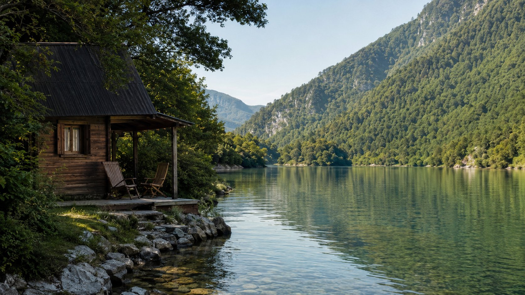 Drvena kućica za odmor pored mirnog planinskog jezera