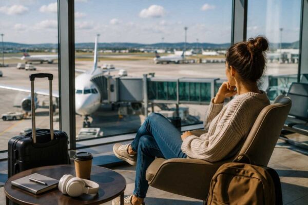 devojka čeka let na aerodromu