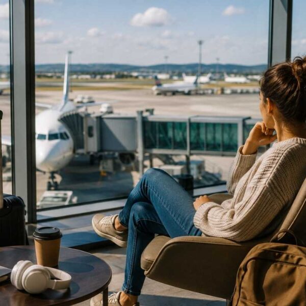 devojka čeka let na aerodromu