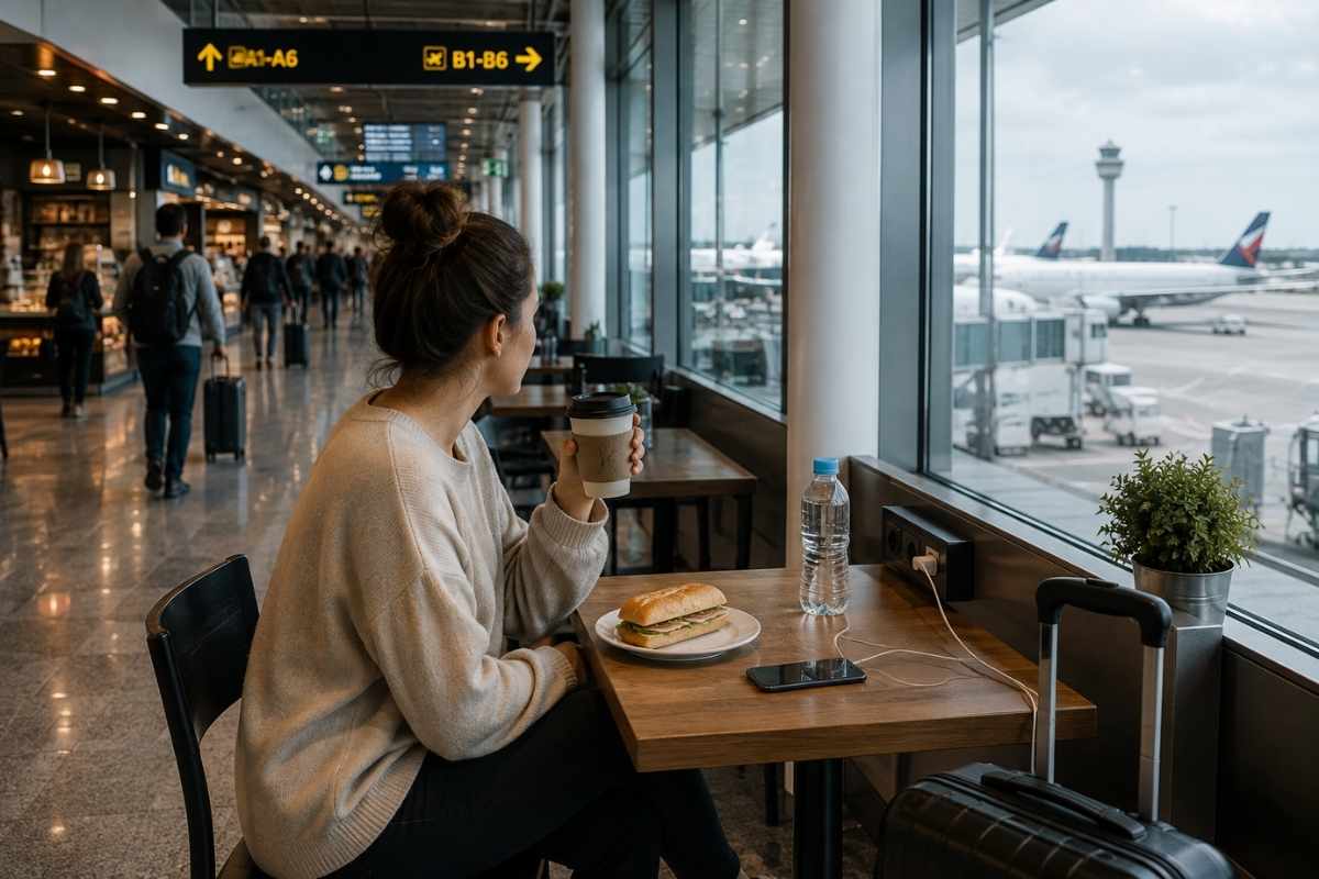 devojka sedi na aerodromu i pije kafu dok čeka let