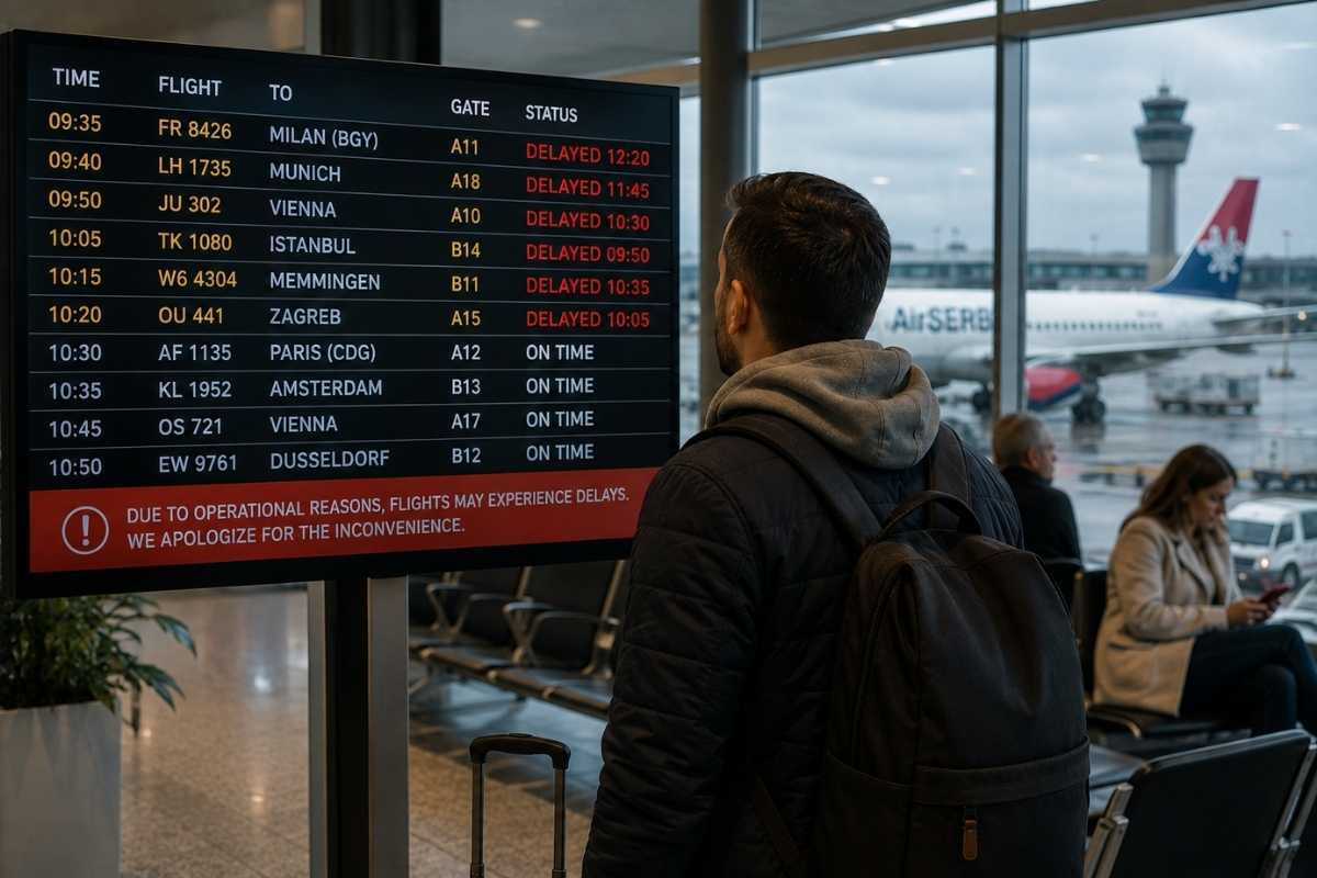 momak proverava koliko mu let kasni na tabli na aerodromu