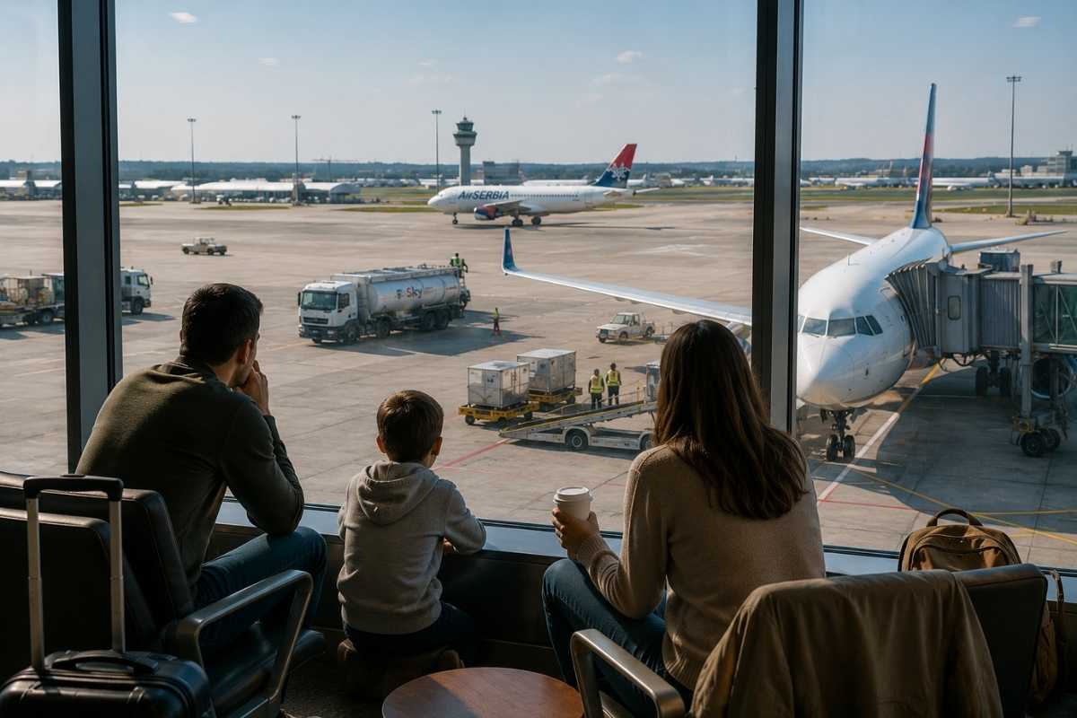 porodica posmatra ukrcavanje stvari u avion