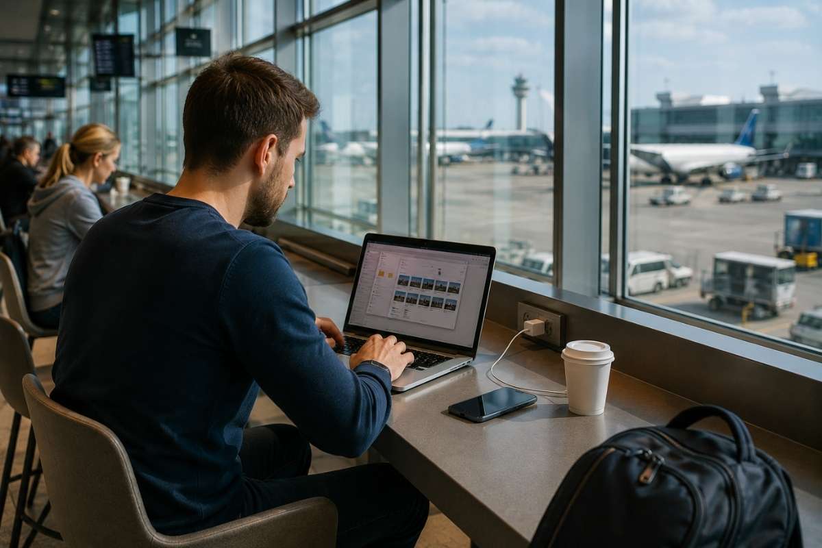 momak radi za laptopom dok čeka let na aerodromu